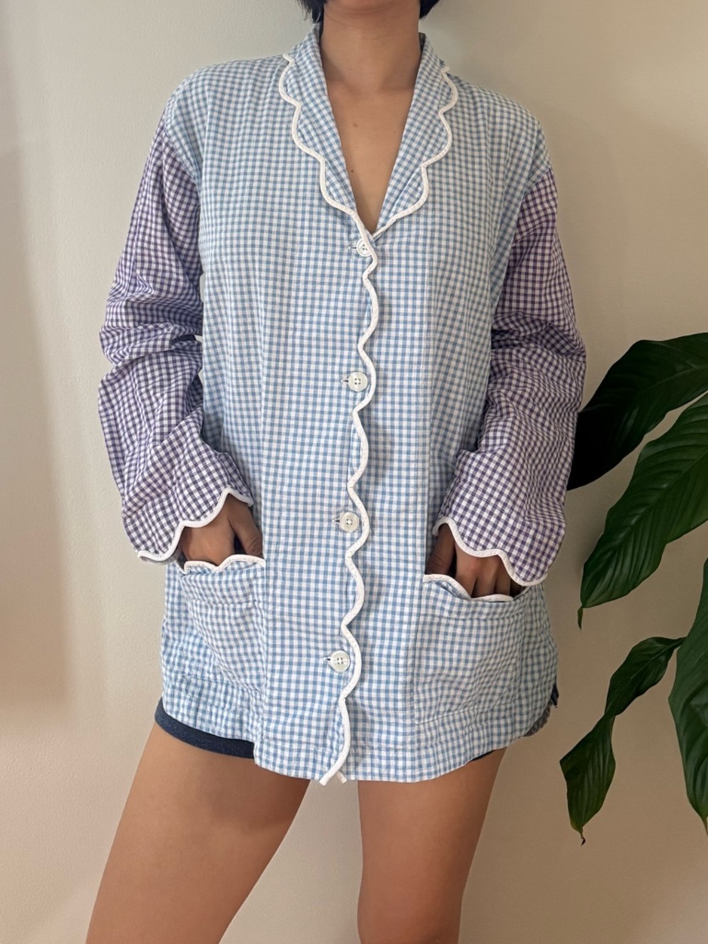 Heidi Carey 100% Cotton Gingham Scalloped Edges Pajama Top With Pockets Size M - Picture 6 of 12